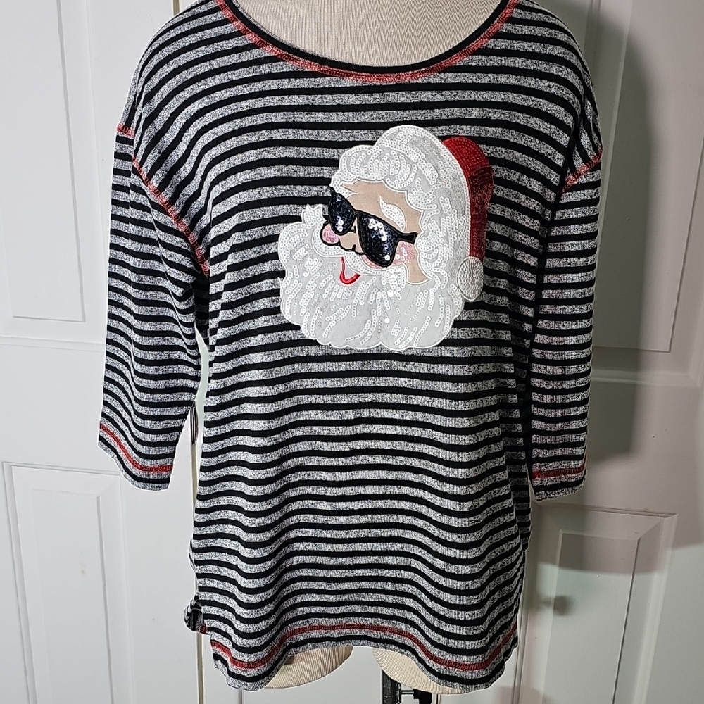 Striped Santa Graphic Tunic Top. Gray/black Size XL. NWOT
